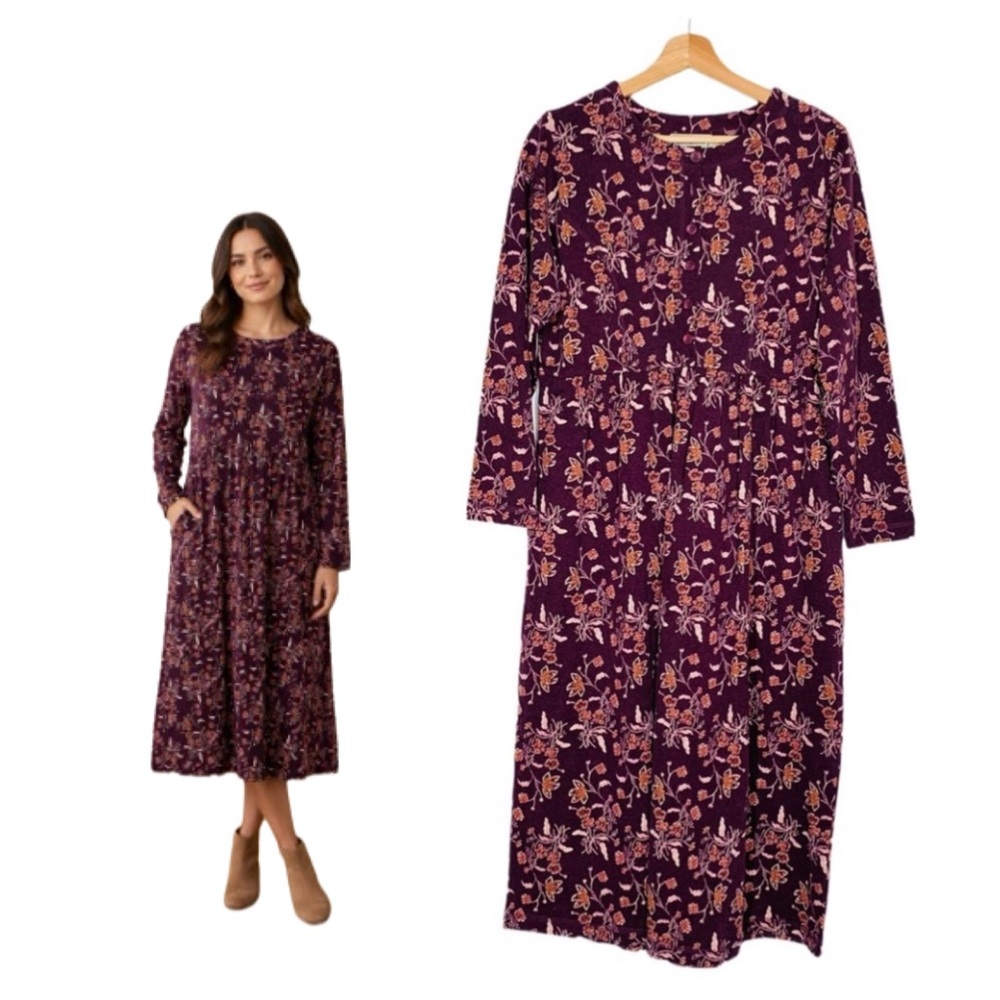 L.L. Bean Women’s Medium Petite Dress Vintage 90s Maxi Purple Floral 100% Cotton